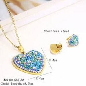 NEW Heart Necklace & Earrings Matching Set Blue Gold F01